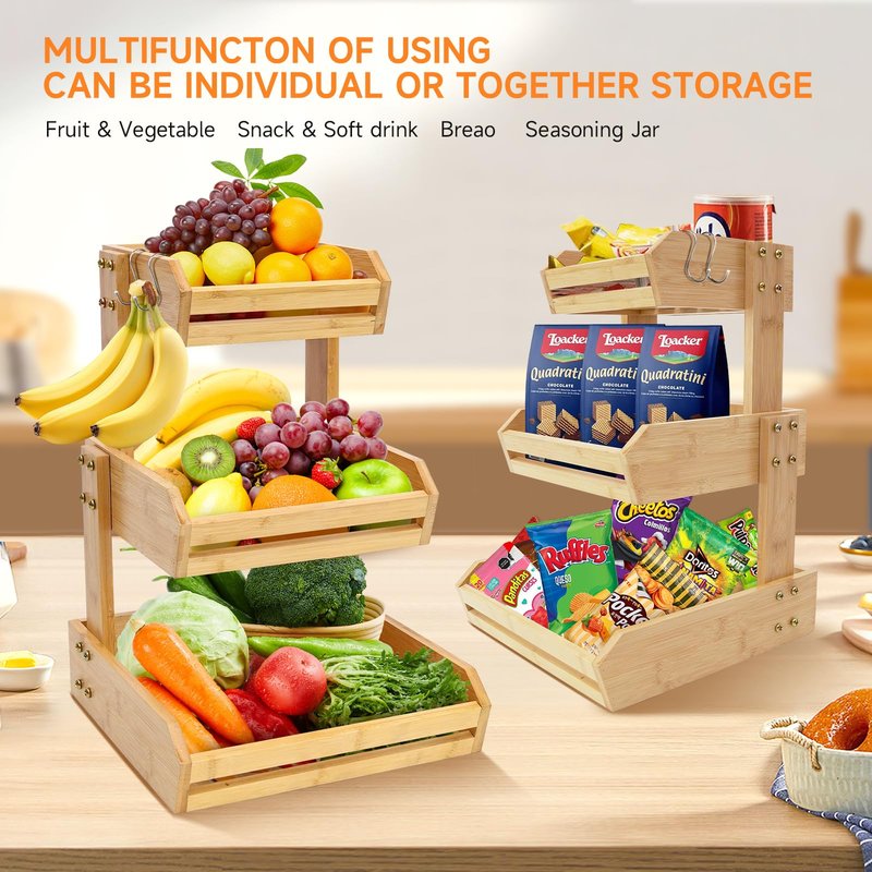 KISENG Bamboo 3 Tier Fruit Basket Stand for Kitchen Counter, Tiered Wooden Large Countertop Vegetable Fruit Holder with Banana Hook, Black