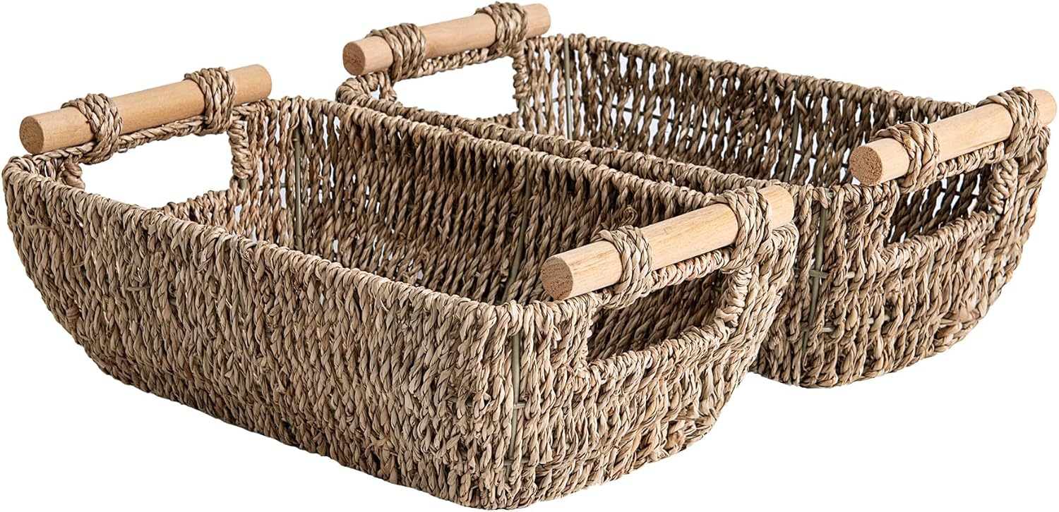 StorageWorks Seagrass Woven Baskets - Small Shelf Storage with Wooden Handles | 2-Pack