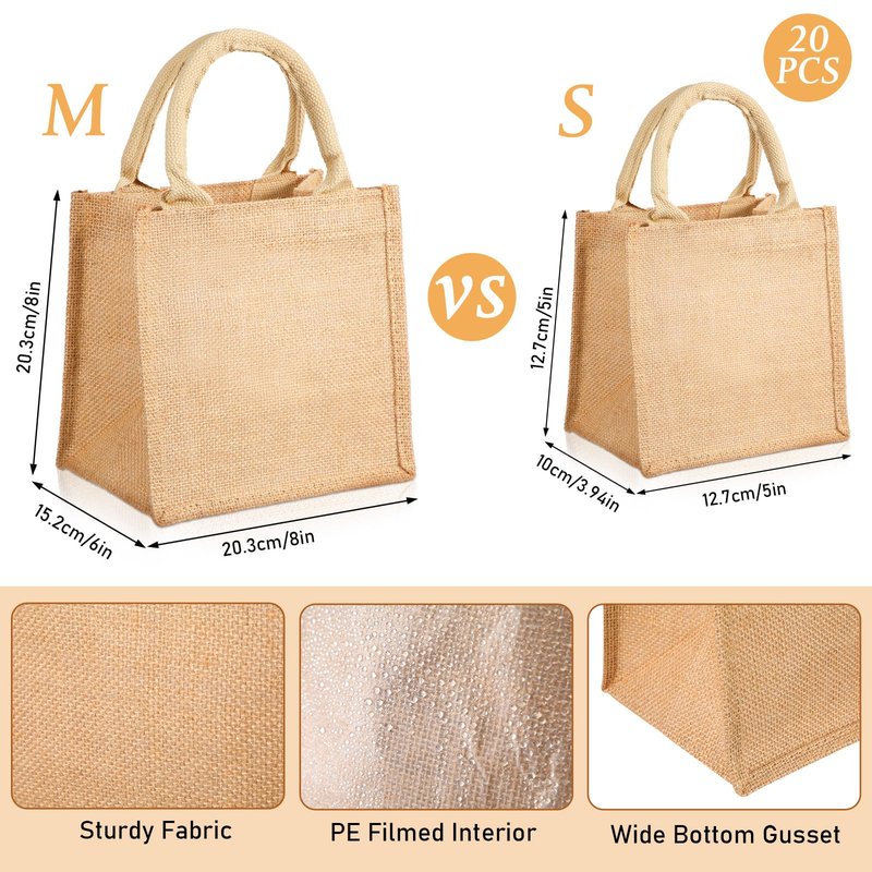 Silkfly 20 Pcs Mini Burlap Jute Tote Bags with Handle Small Blank Reusable Market Grocery Bags Bridesmaids Wedding Gift(Classic,5 x 5 x 3.94 Inches)