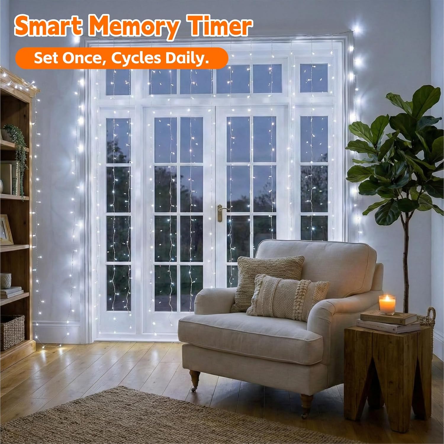 Skiennix 200LED Curtain Light - 6.6x6.6ft White Fairy String Lights with 8 Modes Remote for Indoor Decor