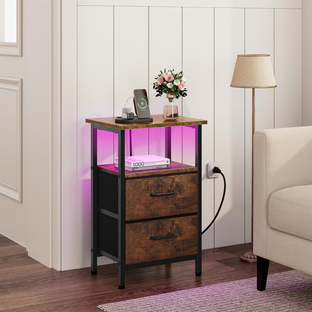 Vagusicc Night Stand Bedside Table Bedroom, LED Nightstand with Charging Station, End Table with USB Ports & Outlets, 24.2" Tall Bed Side Table with 2 Fabric Drawers and Storage Shelf, Rustic Brown
