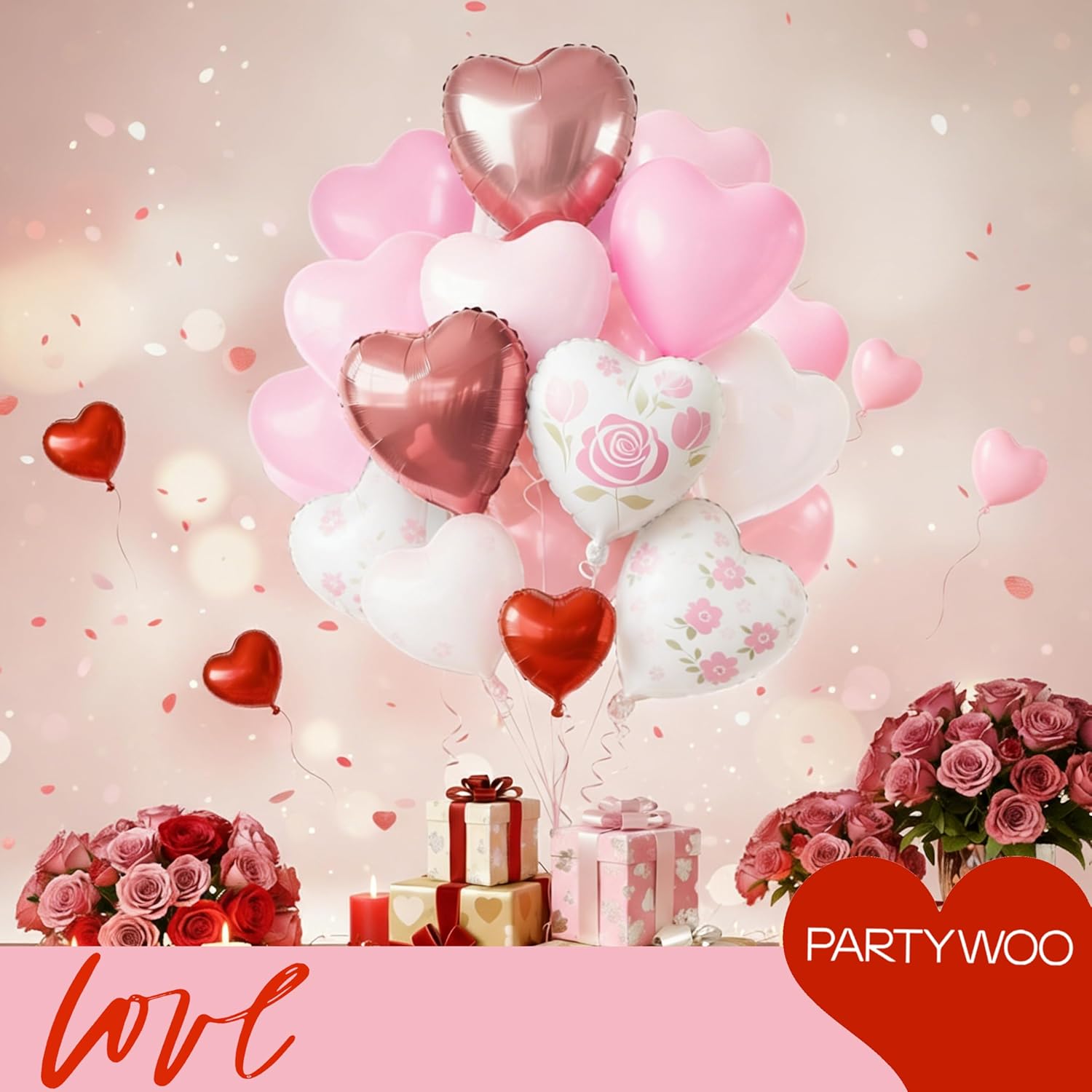 PartyWoo Pink Balloons - 127 Pcs in Various Sizes with Heart Foil for Valentine's Day Decor