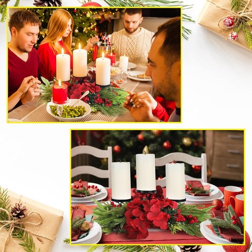 LemonRoad Christmas Table Centerpiece - 24 Inch Artificial Hydrangea Candelabrum with Candle Holders, Pine Needles & Berries