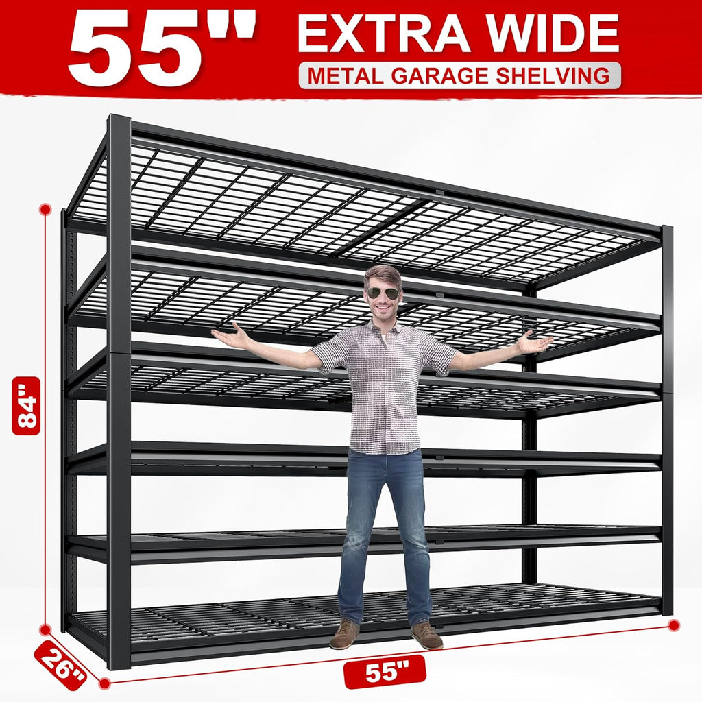 REIBII 3500LBS Heavy Duty Garage Shelving - Adjustable 6-Tier Metal Storage Unit | 55" W x 26" D x 84" H, Black, 3 Pack