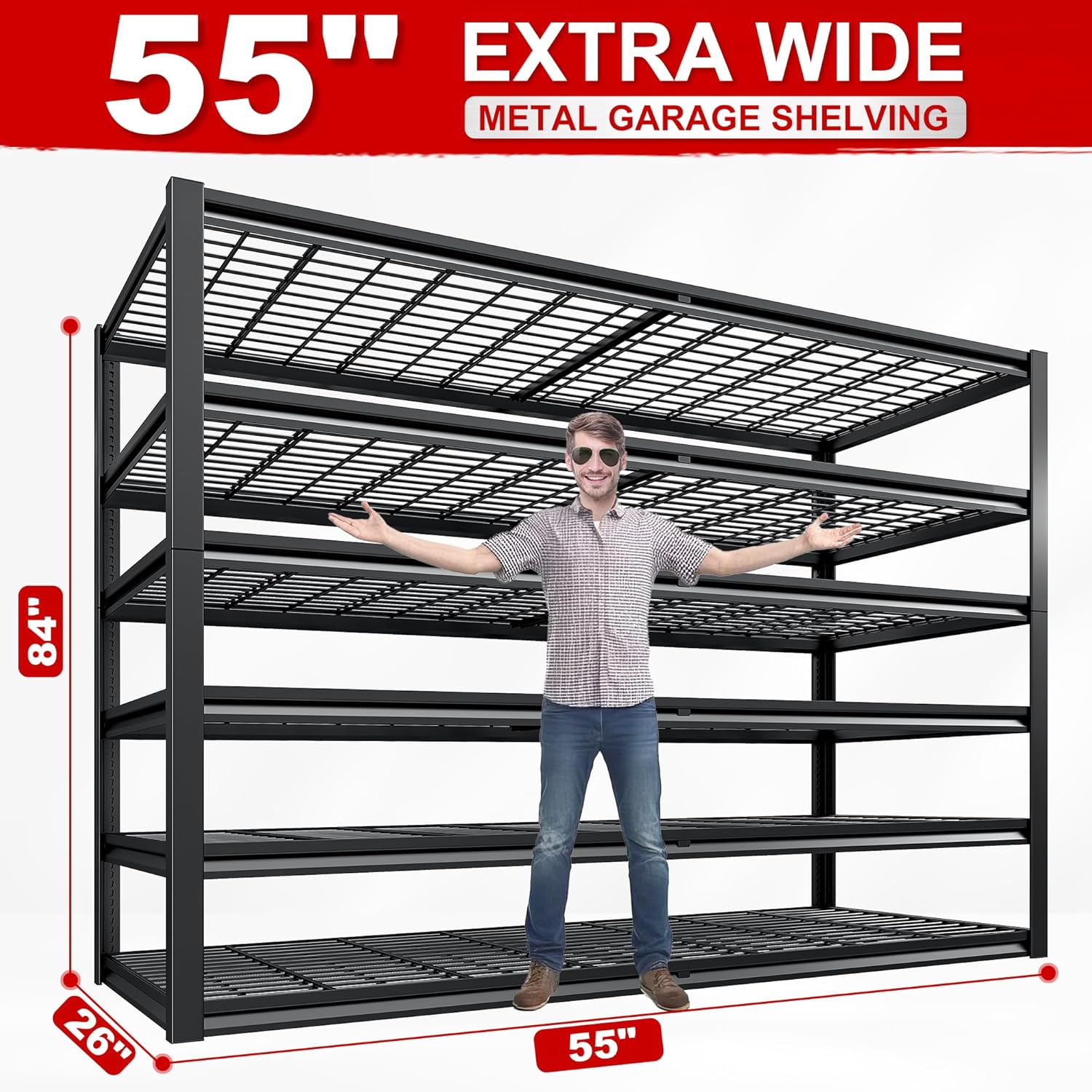 REIBII 3500LBS Heavy Duty Garage Shelving - Adjustable 6-Tier Metal Storage Unit | 55" W x 26" D x 84" H, Black, 3 Pack