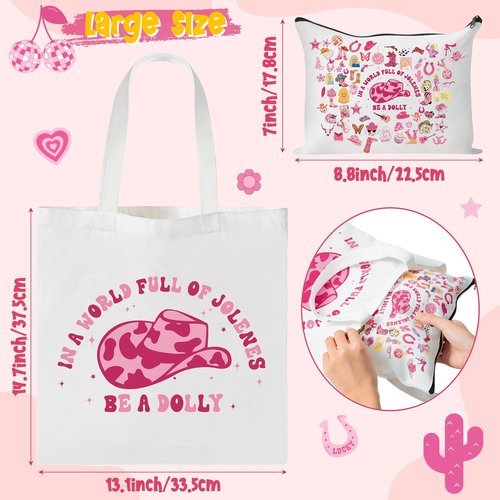 CZgfva 2Pcs Western Pink Cowgirl Hat Canvas Makeup Tote Bag Set, Inspired Country Music Cosmetic Pouch, Foldable Reusable Grocery Folding Shopping Hand Bag Country Music Lovers Fans Gifts for Women