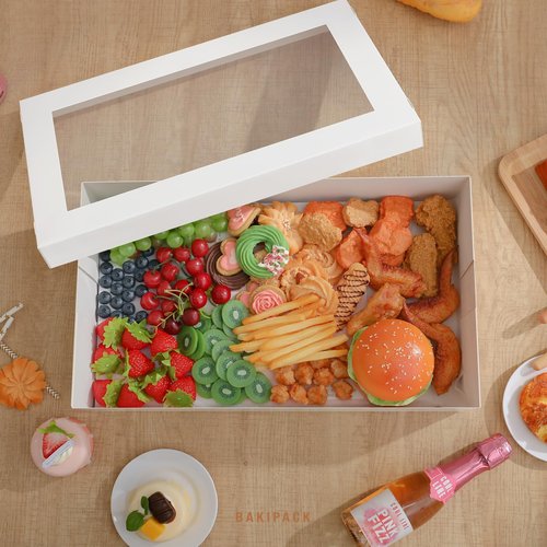 BAKIPACK 10 White Catering Boxes, 17x10x4 inches Bakery Boxes with Window, To Go Paper Food Containers Disposable for Charcuterie, Sandwiches
