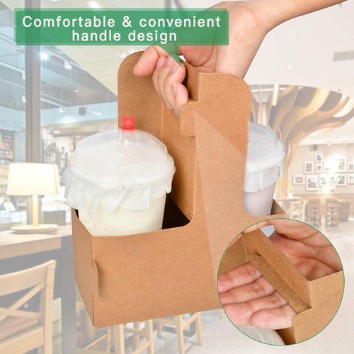 2 Cup Disposable Drink Carrier with Handle, Supkiir Kraft Paperboard Cup Holder for Hot or Cold Drinks, to Go Coffee Cup Holder for Food Delivery Service (20, Kraft)