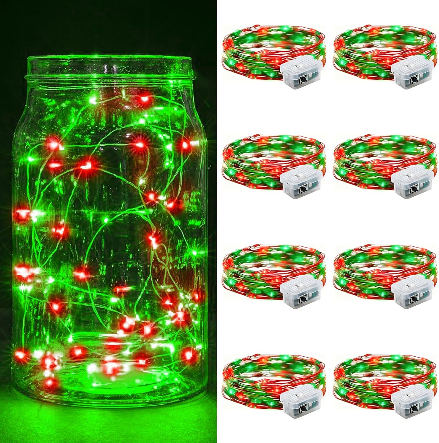 Skiennix 8 Pack Fairy Lights - 7Ft 20 LED Twinkle String Lights | Battery Operated & Waterproof for Parties, Weddings, & Holidays - Red & Green
