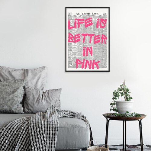 Life Is Better In Pink Canvas Poster - Retro Newspaper Design | Positive Affirming Quote 12x16in Unframed