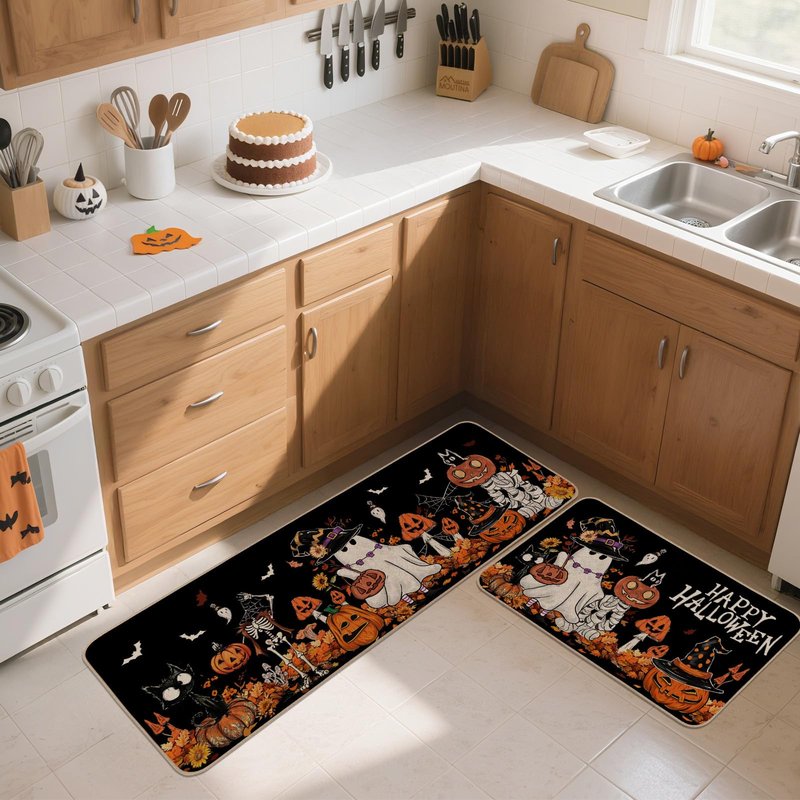 Moutina Happy Halloween Ghost Mushroom Pumpkin Skeleton Decorative Kitchen Rugs Set of 2, Halloween Holiday Party Home Decor Low-Profile Kitchen Mats for Floor - 17x29 and 17x47 Inch Black