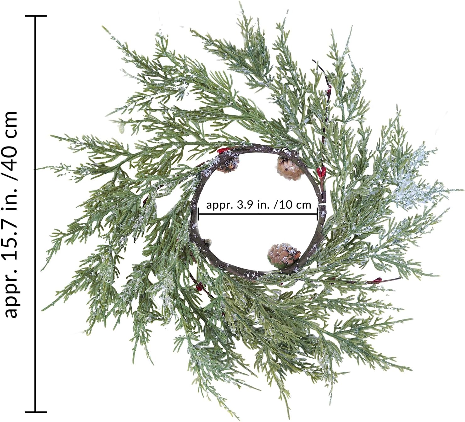 Winlyn Artificial Snowy Cedar Pine Candle Rings - 4 Pcs Winter Wreaths with Pine Cones & Red Berries | 15.7" Wide for Holiday Décor