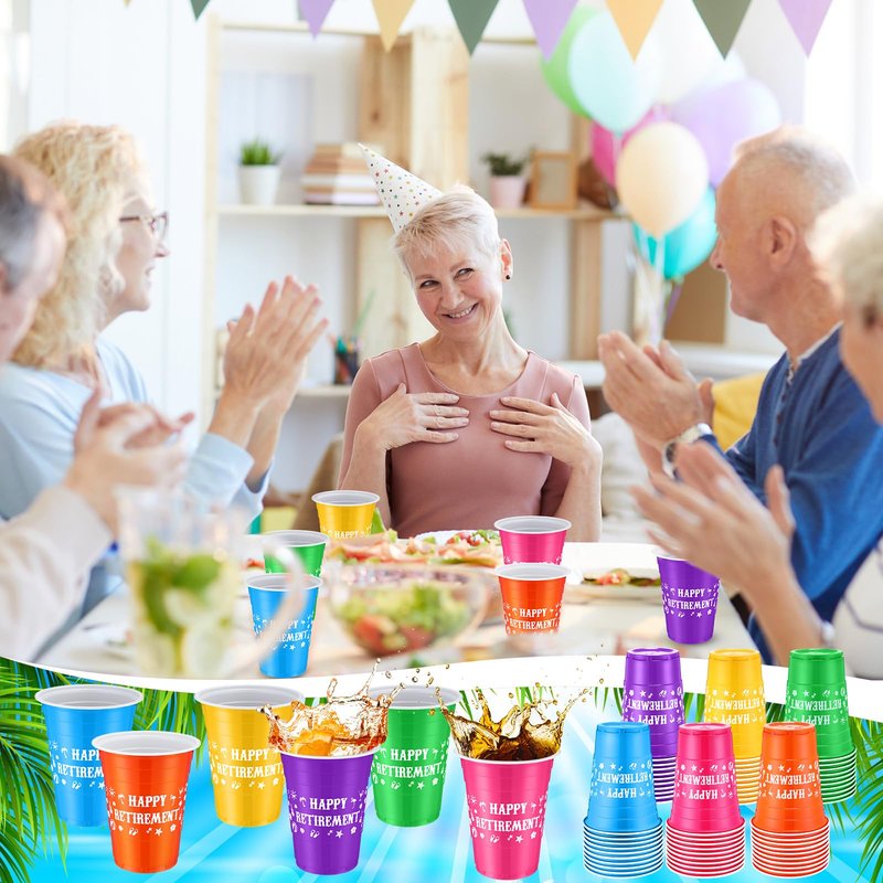 Mimorou 60 Pcs 16 oz Happy Retirement Disposable Party Plastic Cups Beverage Drinking Cups Plastic Juice Cups for Hawaiian Retirement Party Theme Decorations Drinks Soda Barbecues Picnics Supplies