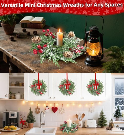 Flocked Mini Christmas Wreath Candle Rings by [Brand Name] - 6 Pack of 9"x3.5" Snowy Cypress Decor with 20 Branches, 21 Red Berries & 3 Pinecones