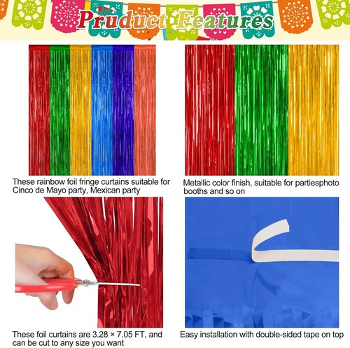 Cinco De Mayo Decorations - 2 Pack Fiesta Rainbow Backdrop | 3.28 FT x 7.05 FT Tinsel Curtains