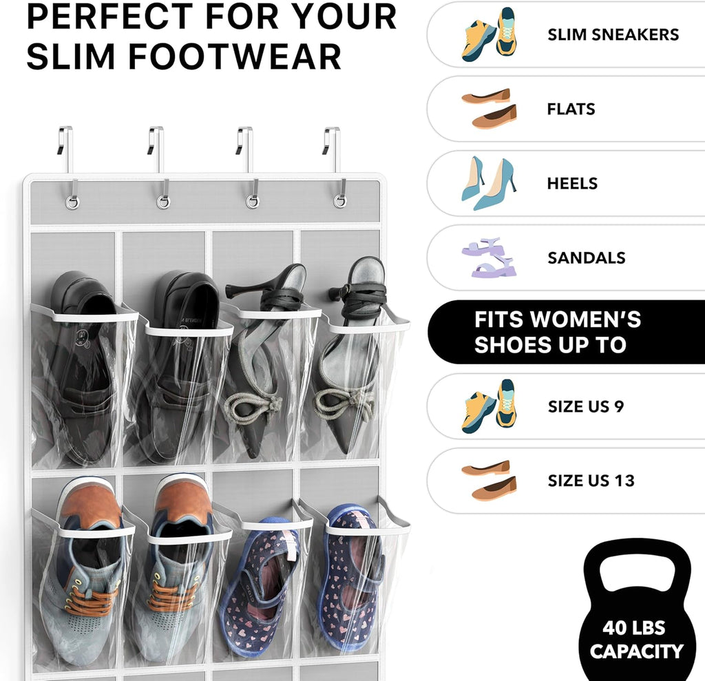 Simple Houseware 24 Pockets Over The Door Hanging Shoe Organizer - Crystal Clear, Gray (64'' x 19'')