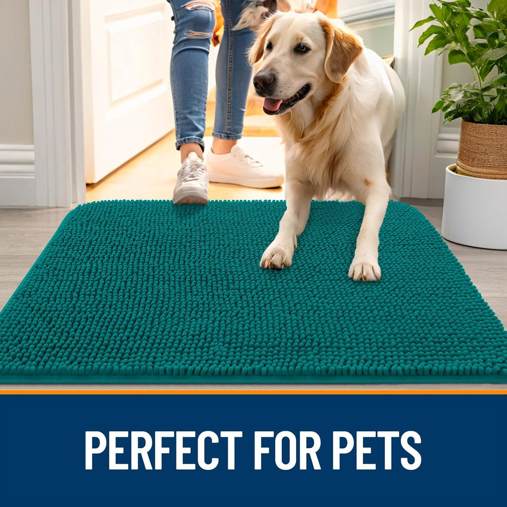 OLANLY Dog Door Mat - Absorbent Non-Slip Chenille for Muddy Paws | 59x20 Inches, Quick Dry, Lake Blue