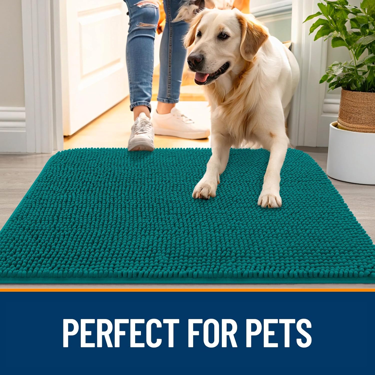 OLANLY Dog Door Mat - Absorbent Non-Slip Chenille for Muddy Paws | 59x20 Inches, Quick Dry, Lake Blue