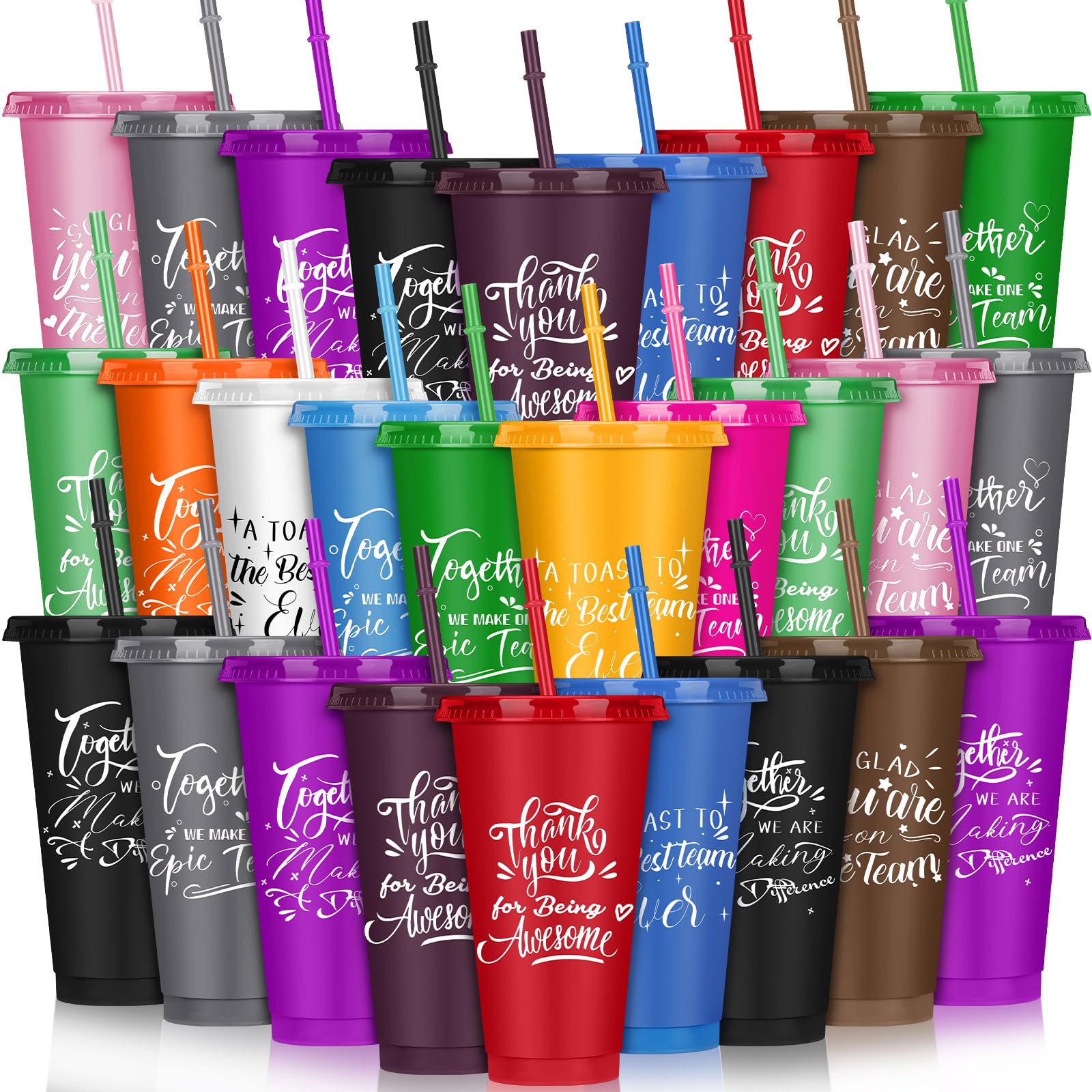 Mifoci Bulk Employee Appreciation Week Gifts 24oz Plastic Cups Tumblers with Straw Lid Staff Team Appreciation Gifts Reusable Inspirational Cups for Coworker Employees Volunteer(Multicolor,30 Pcs)