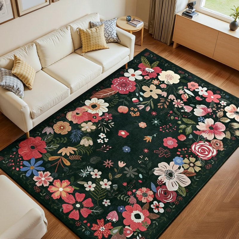 Vasofe 5x7 Rug for Bedroom,Washable Rugs for Living Room, Dining Room, Indoor Floor Mat, Floral Printed Mats for Nrusery, Farmhouse, Laundry Room,Non Slip Low Pile Soft Modern Carpet, Black