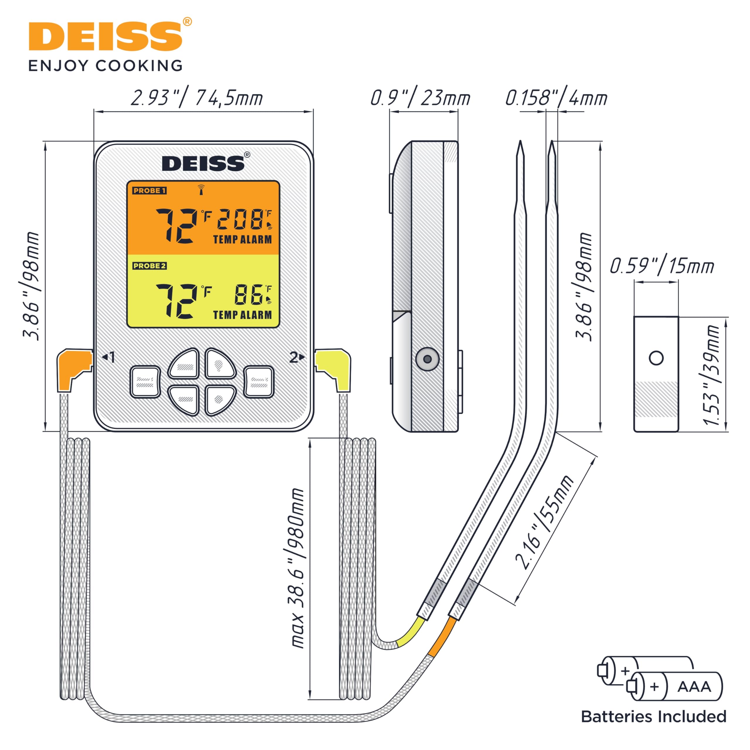 Deiss PRO Bluetooth Meat Thermometer Wireless – Digital Cooking Thermometer with 2 Probes, Oven Thermometer for Smoker Grill BBQ, Wireless Meat Thermometer for Grilling, Kitchen Food