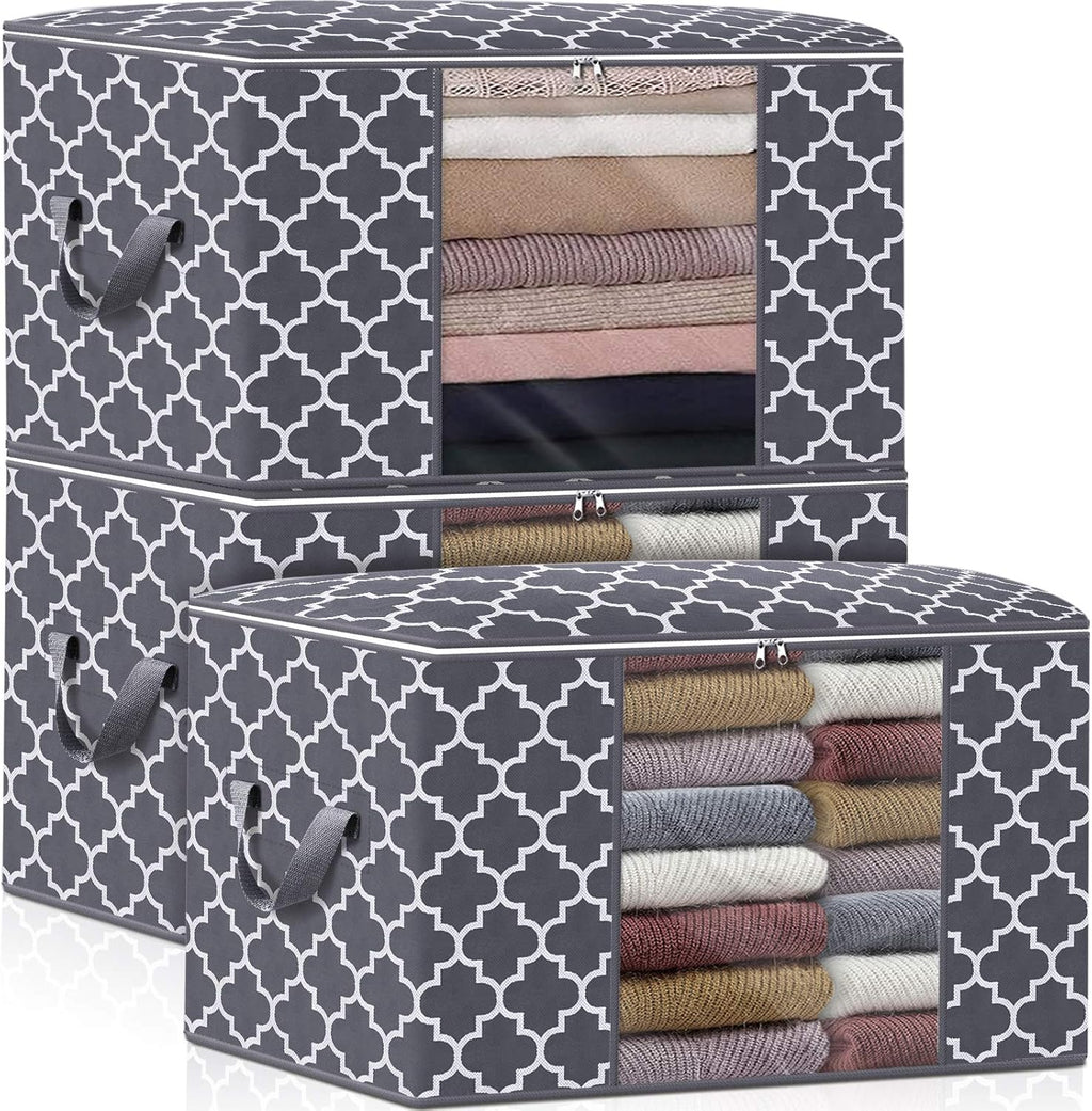 WISELIFE Storage Bags - Large Blanket and Clothes Organizer with Clear Window & Sturdy Zippers | Grey, 3 x 100L