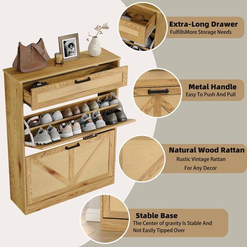 Diwnnue Wooden Shoe Storage Cabinet with 2 Rattan Flip Drawers, Farmhouse Freestanding Organizer for Hallway, Entryway, Foyer, Narrow Shoe Rack Cabinet, Rustic Oak Rattan