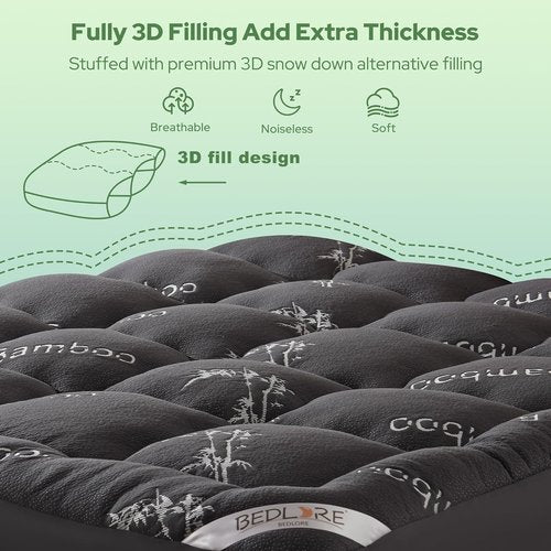 BEDLORE Full Size Mattress Topper - Thick Bamboo Viscose Pillow Top for 6"-15" Mattresses | Breathable Comfort for Back Pain Relief - Dark Gray
