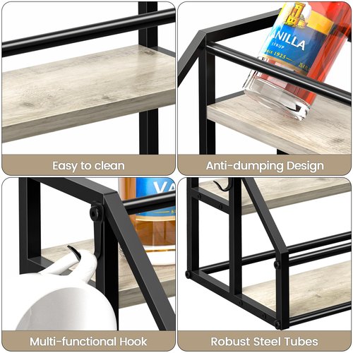 Homedawn Coffee Syrup Rack Organizer, Syrup Bottle Holder Stand for Coffee Bar, 2-Tier 8 Bottles Storage Shelves for Syrup, Wine, Dressing for Kitchen Countertop, Greige