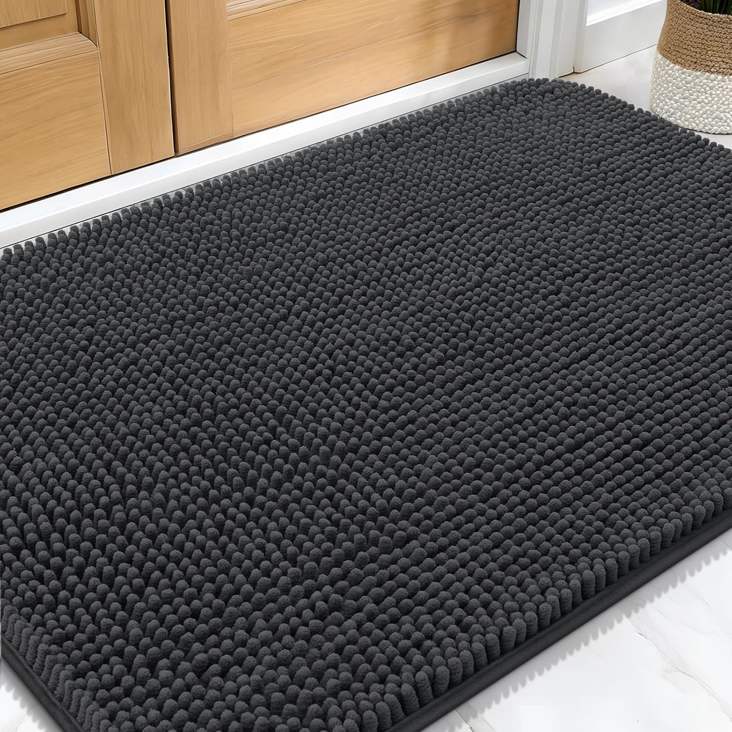 OLANLY Dog Door Mat - Absorbent Non-Slip Chenille Mat for Muddy Paws | 34x21 Inches, Dark Grey