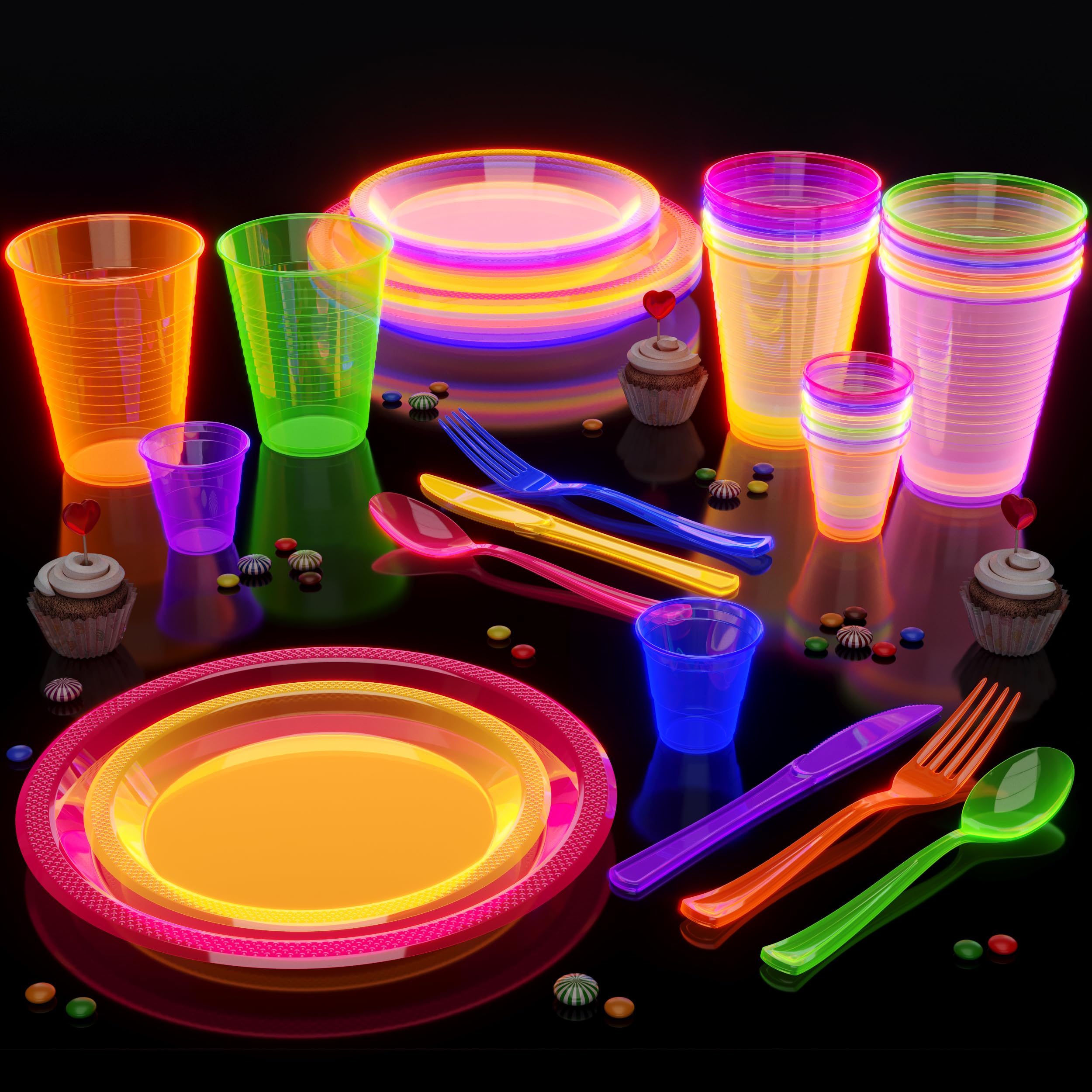 360 PCS Neon Party Combo Pack - 60 9" Plates, 60 7" Glow Plates, 60 12oz Cups, 60 Cutlery Sets - Blacklight Disposable Tableware