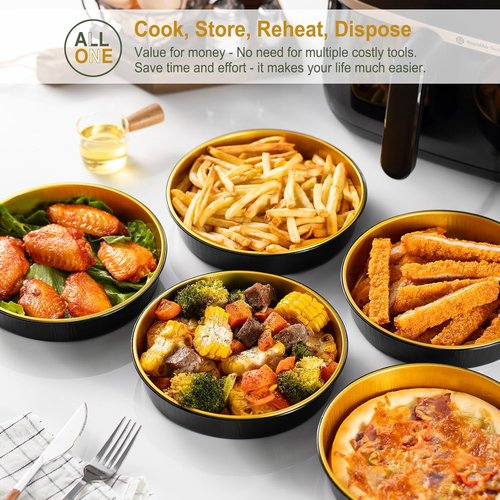 Air Fryer Foil Liners 20 Pack - 7 Inch Round Disposable Aluminum Pans | High-Heat Safe, Food-Grade Black & Gold