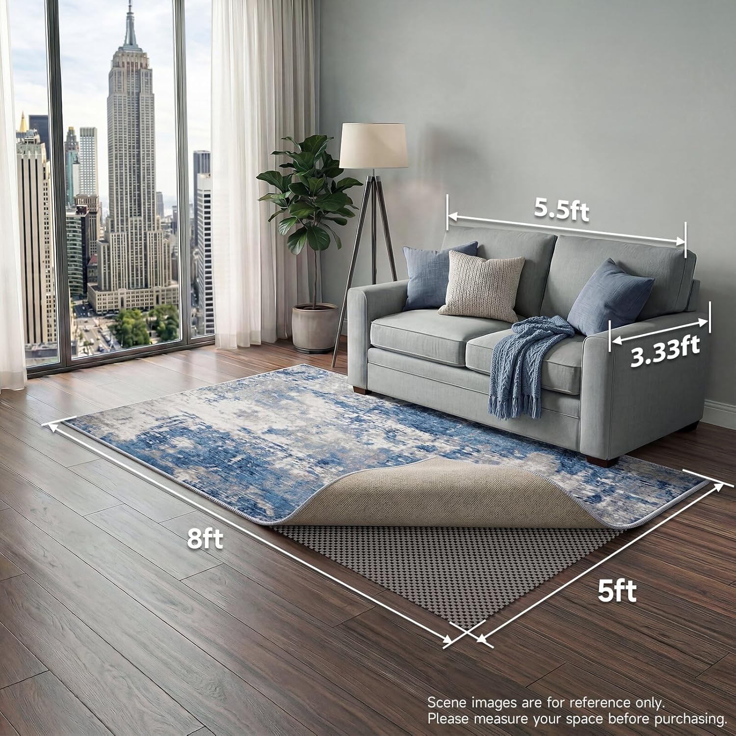 Veken Rug Pad Gripper - Non-Slip Thick Dark Grey Mat for Hardwood & Tile Floors | 5x8 Ft Size