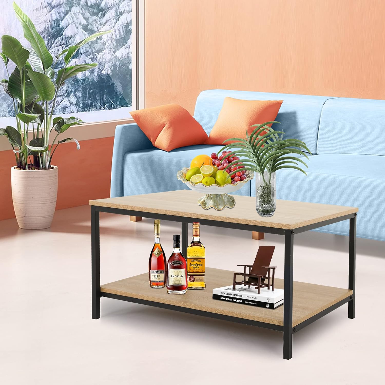 Skiennix 2-Tier Coffee Table - Metal Frame with Open Storage Shelf | Easy Assembly for Living Room