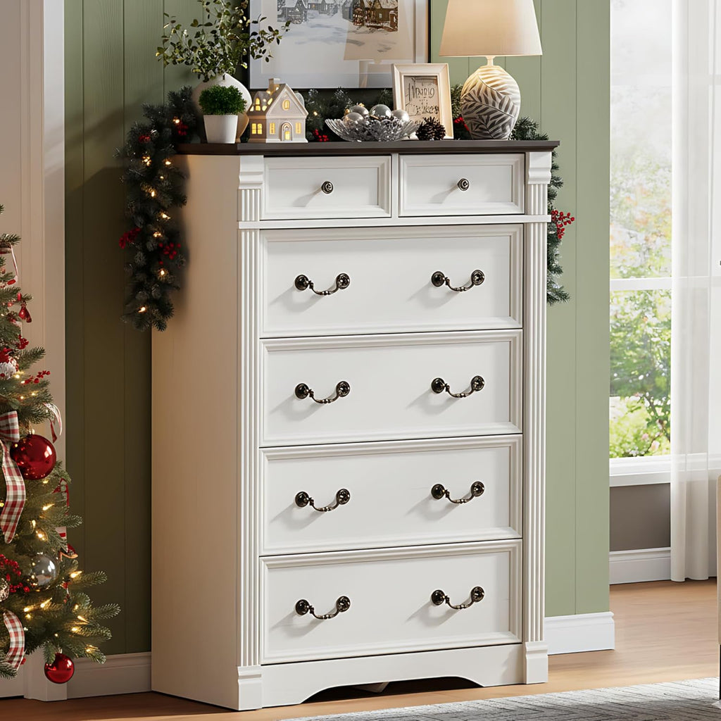 Regine Switzerland 6-Drawer Dresser - Rustic White Tall Chest with Chic Wood Pilasters | 47" Bedroom Organizer