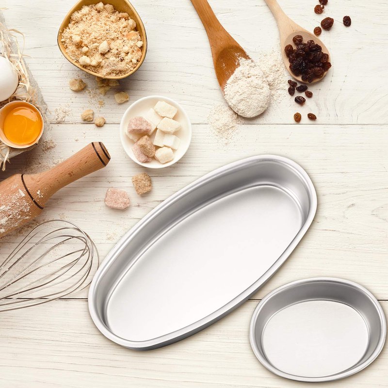 Patelai 4 Packs Oval Cheesecake Pan 4'' 8'' Leche Flan Molder Non-stick Cake Molds Valentine's Day Aluminum Oval Cake Pan Flan Molder Filipino for Kitchen Bakery Baking Meatloaf Breads Oven