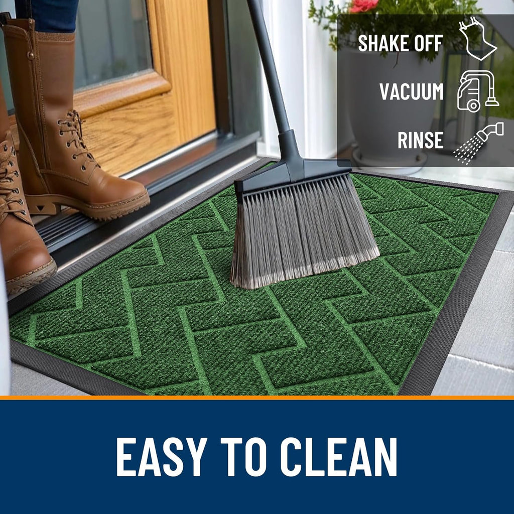 OLANLY Indoor Outdoor Front Door Mat - Waterproof All-Season Herringbone Design | Easy Clean, 35x23 Green