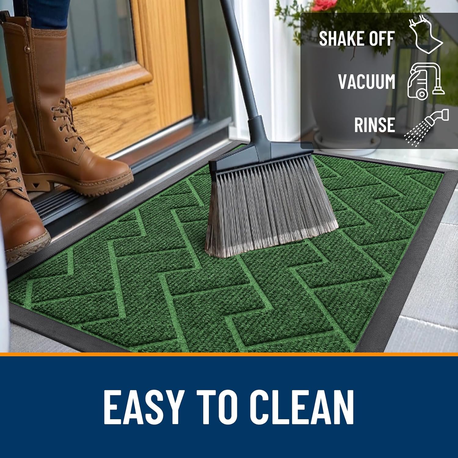 OLANLY Indoor Outdoor Front Door Mat - Waterproof All-Season Herringbone Design | Easy Clean, 35x23 Green