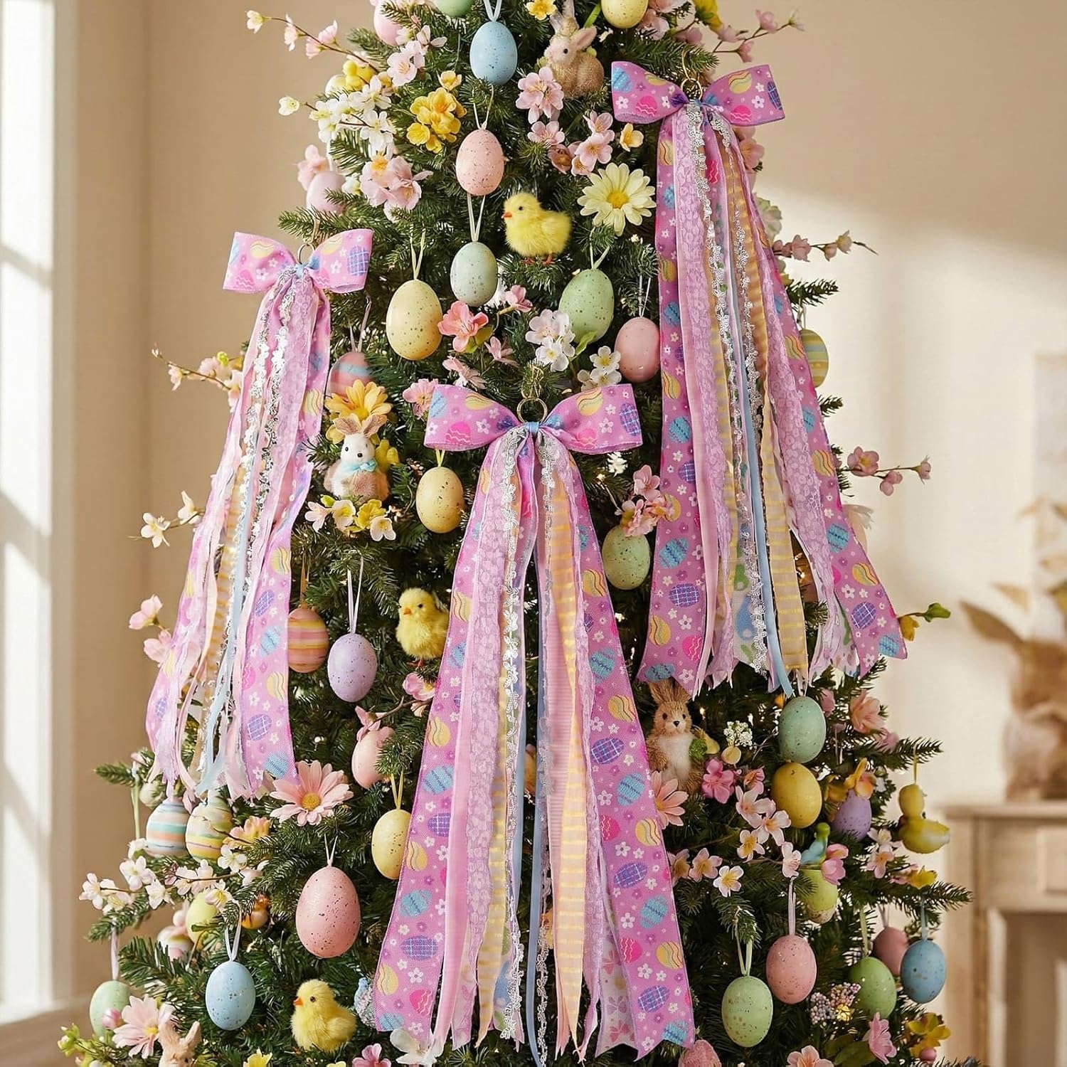YKW Easter Bow Door Decoration - 27.5" Purple Lavender Floral Wreath with 8 Ribbons | Ready to Hang