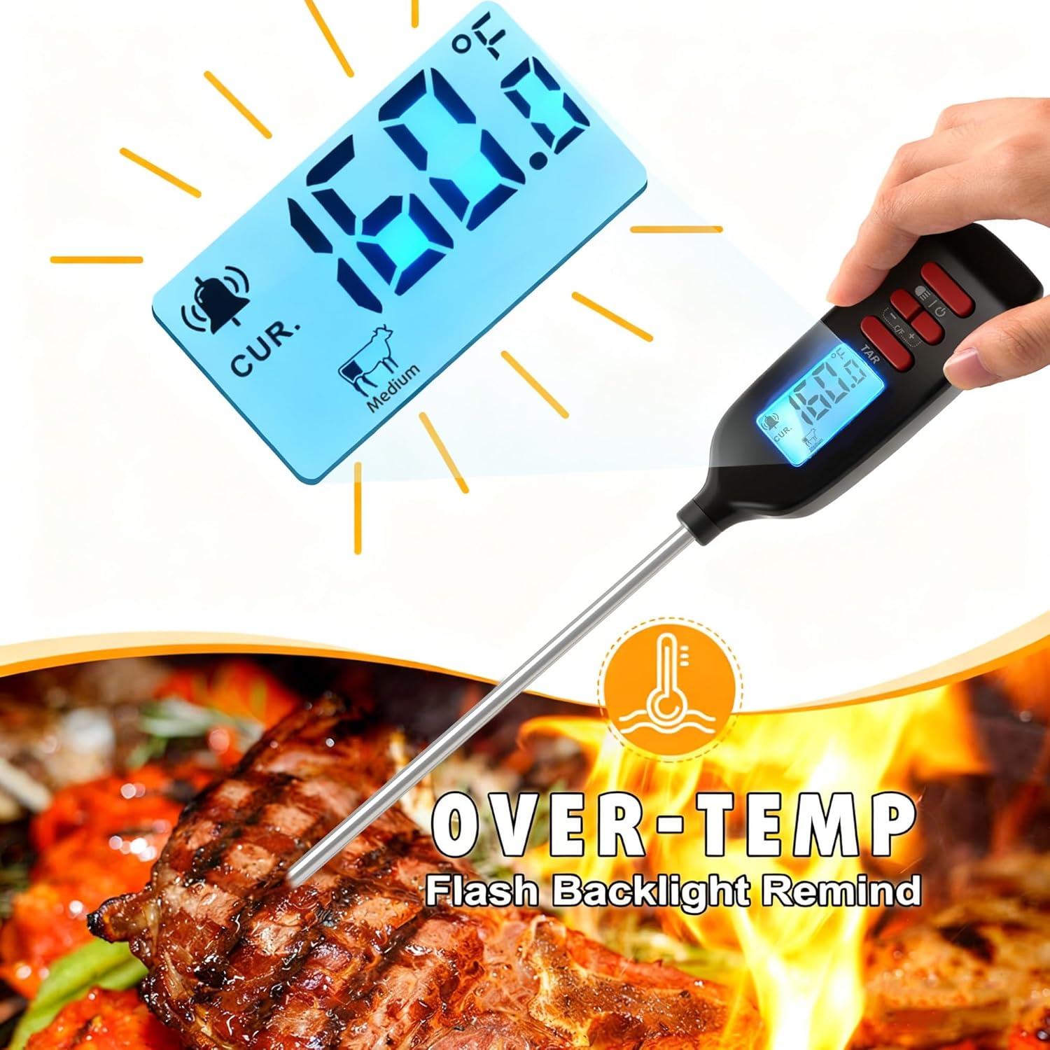 Antonki Digital Meat Thermometer - Instant Read Cooking Thermometer with Long Probe & Backlit Display