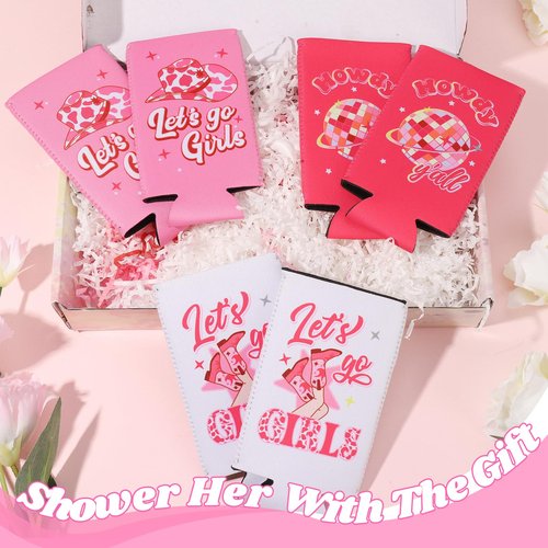 libfrnt 12 PCS Cowgirl Disco Can Cooler Bachelorette Cowgirl Can Sleeves Let's Go Girls Beer Beverage Drink Holder for Bridal Shower Birthday Cowgirl Party Supplies, Pink, White, Rose red
