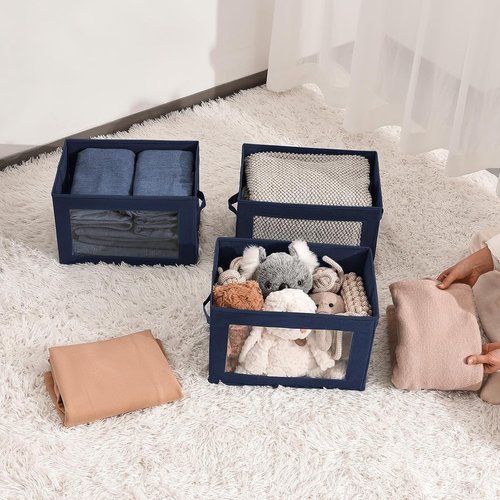 Homsorout Stackable Storage Bins - Medium Foldable Closet Organizers with Lids, 5-Pack, Navy Blue