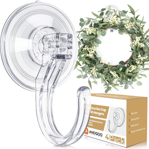 ANDGOO Large Suction Cup Hooks - 4 Pack Wreath Hangers for Doors & Windows | Upgraded 1.9" Diameter, No Tools Needed, Holds 22 lbs