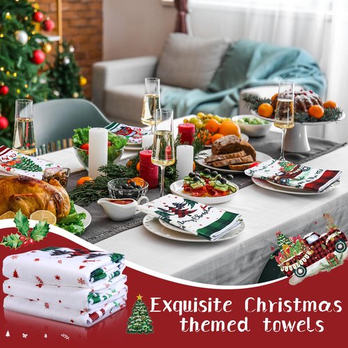 Oudain 6 Pcs Christmas Kitchen Towels Christmas Hand Towels Buffalo Plaid Xmas Tree Snowman Dish Cloths 24 x 16 Inch Santa Truck Decorative Tea Dishcloths for Home Kitchen Bathroom Winter Xmas Gifts