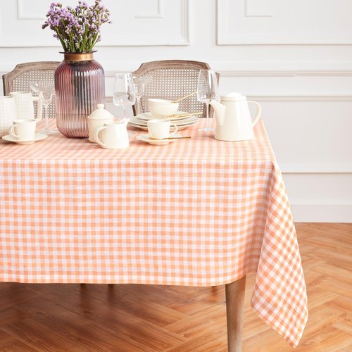 Solino Home Linen Gingham Tablecloth 60 x 90 Inch - 100% Pure Linen Checkered Sunny Orange Table Cloth for Rectangle Tables - Machine Washable Tablecloth for Spring, Easter, Mothers Day