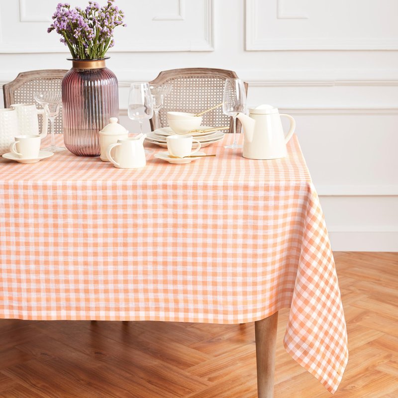 Solino Home Linen Gingham Tablecloth 60 x 90 Inch - 100% Pure Linen Checkered Sunny Orange Table Cloth for Rectangle Tables - Machine Washable Tablecloth for Spring, Summer, Mothers Day