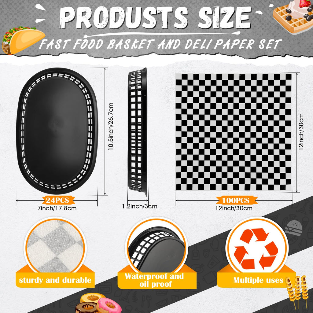 Uiifan 24 Pcs Fast Food Baskets with 100 Deli Liners Halloween Deli Food Baskets 10.5 x 7 Inch Serving Burger Chip Trays for Halloween Hot Dog Hamburger Bread Picnic(Black)