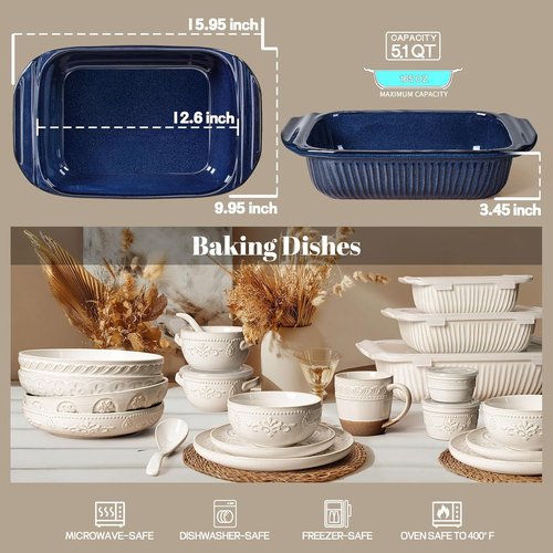 Artena Baking Dish - 5.1 Quarts White Ceramic Casserole Pan with Handles | Deep Lasagna Dish in Blue