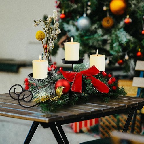 MorTime Christmas Candle Holder - Festive Table Centerpiece with Red Bow, Berries & Pinecones | Steel Base