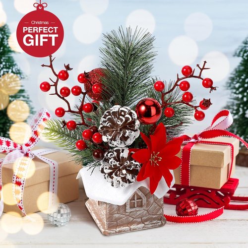 Hatisan Artificial Christmas Tree - Small Tabletop Design with Ornaments & Pine Cones | Red